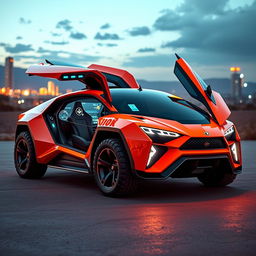 A striking concept hybrid vehicle that combines the luxurious design features of a Lamborghini with the rugged and utilitarian aspects of a Lada, set against a backdrop of a futuristic landscape