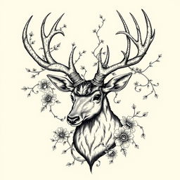 An intricate black ink illustration of a deer head showcasing elaborate antlers, surrounded by delicate floral patterns and vines intertwining with the horns