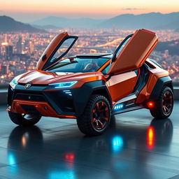 A striking concept hybrid vehicle that combines the luxurious design features of a Lamborghini with the rugged and utilitarian aspects of a Lada, set against a backdrop of a futuristic landscape