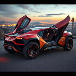 A striking concept hybrid vehicle that combines the luxurious design features of a Lamborghini with the rugged and utilitarian aspects of a Lada, set against a backdrop of a futuristic landscape