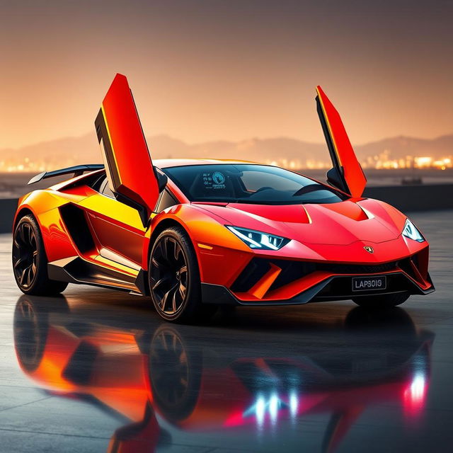 A striking concept hybrid vehicle that combines the luxurious design features of a Lamborghini with the rugged and utilitarian aspects of a Lada, set against a backdrop of a futuristic landscape