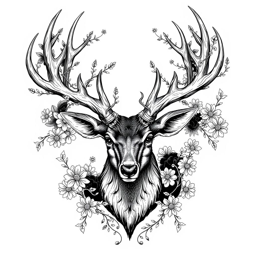An intricate black ink illustration of a deer head showcasing elaborate antlers, surrounded by delicate floral patterns and vines intertwining with the horns
