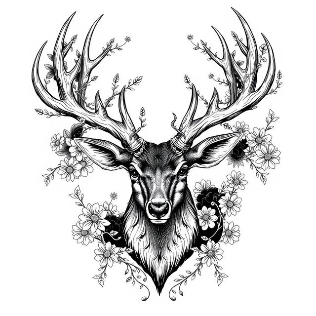 An intricate black ink illustration of a deer head showcasing elaborate antlers, surrounded by delicate floral patterns and vines intertwining with the horns