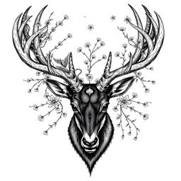 An intricate black ink illustration of a deer head showcasing elaborate antlers, surrounded by delicate floral patterns and vines intertwining with the horns