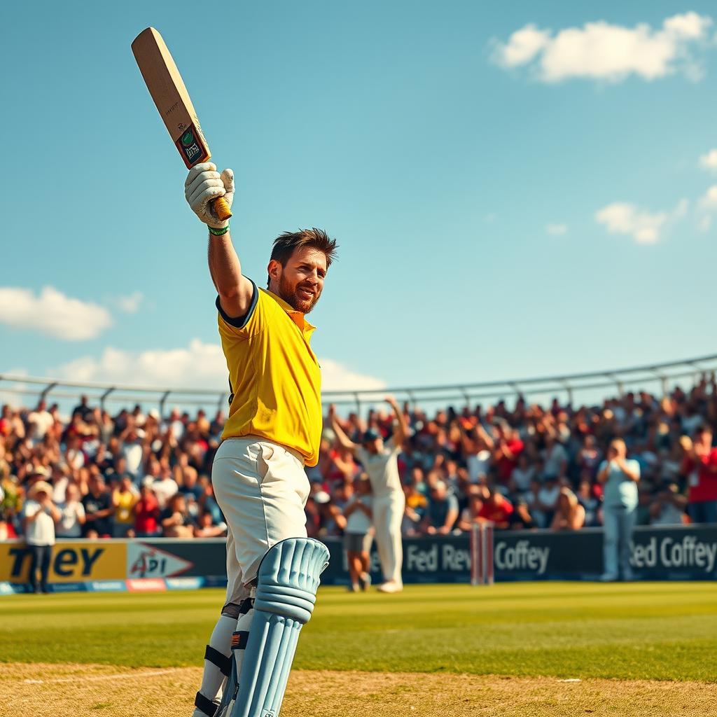 An exhilarating cricket match scene where Lionel Messi stands proudly holding his cricket bat like a trophy, showcasing confidence and flair