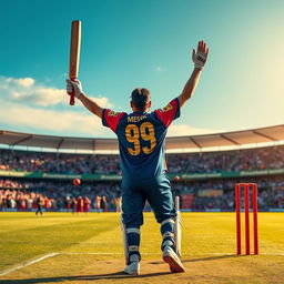 An exhilarating cricket match scene where Lionel Messi stands proudly holding his cricket bat like a trophy, showcasing confidence and flair
