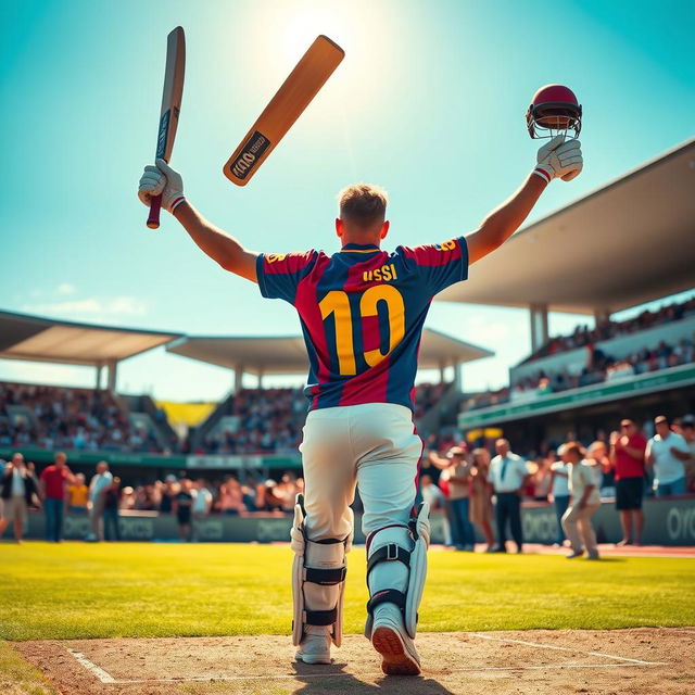 An exhilarating cricket match scene where Lionel Messi stands proudly holding his cricket bat like a trophy, showcasing confidence and flair