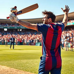 An exhilarating cricket match scene where Lionel Messi stands proudly holding his cricket bat like a trophy, showcasing confidence and flair