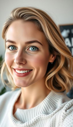 A portrait of a natural and confident woman aged 30-35, characterized by symmetrical facial features, fair skin, and defined cheekbones