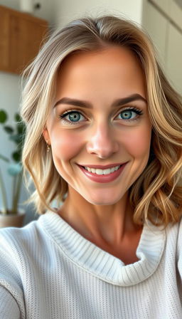 A portrait of a natural and confident woman aged 30-35, characterized by symmetrical facial features, fair skin, and defined cheekbones