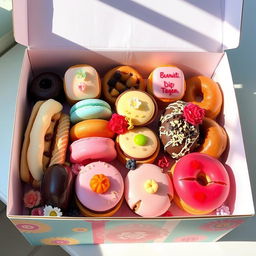 A colorful pastry box filled with a variety of beautifully arranged pastries, including éclairs, macarons, fruit tarts, and doughnuts