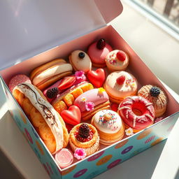 A colorful pastry box filled with a variety of beautifully arranged pastries, including éclairs, macarons, fruit tarts, and doughnuts