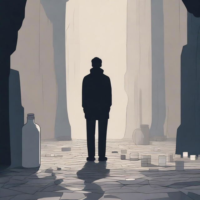 A high-quality digital art image depicting a lone figure standing at the edge of a dark chasm, symbolizing depression and confusion