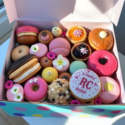 A colorful pastry box filled with a variety of beautifully arranged pastries, including éclairs, macarons, fruit tarts, and doughnuts