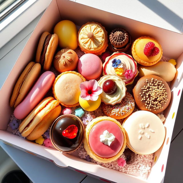 A colorful pastry box filled with a variety of beautifully arranged pastries, including éclairs, macarons, fruit tarts, and doughnuts