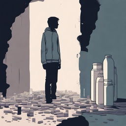 A high-quality digital art image depicting a lone figure standing at the edge of a dark chasm, symbolizing depression and confusion