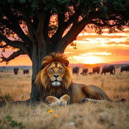 A vibrant and majestic lion lying under the shade of a large acacia tree in the savannah during sunset