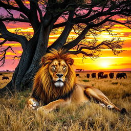 A vibrant and majestic lion lying under the shade of a large acacia tree in the savannah during sunset