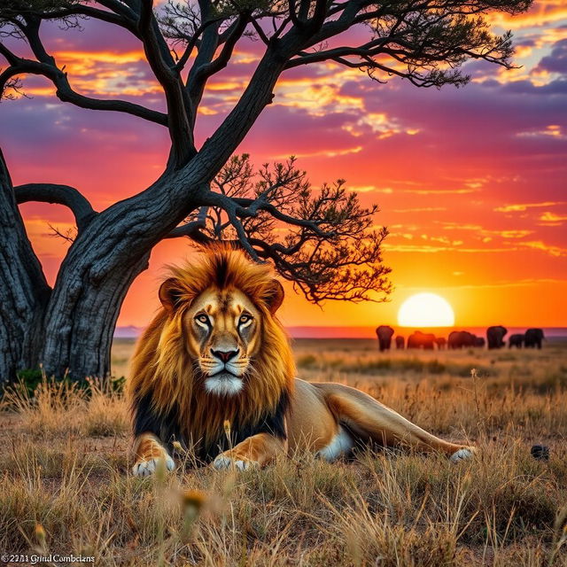 A vibrant and majestic lion lying under the shade of a large acacia tree in the savannah during sunset