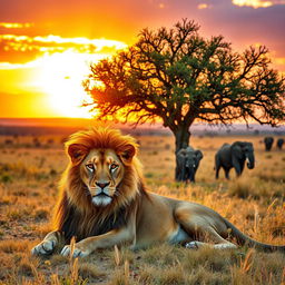 A vibrant and majestic lion lying under the shade of a large acacia tree in the savannah during sunset