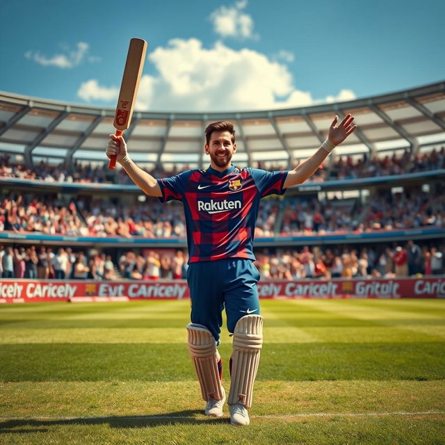 An exciting sports moment where Lionel Messi stands in a cricket field holding his bat like a trophy, radiating confidence