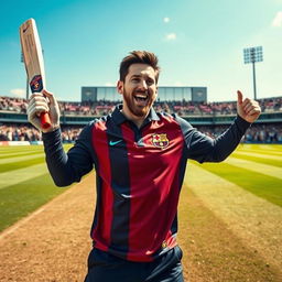 An exciting sports moment where Lionel Messi stands in a cricket field holding his bat like a trophy, radiating confidence