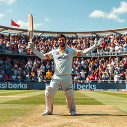 An exciting sports moment where Lionel Messi stands in a cricket field holding his bat like a trophy, radiating confidence