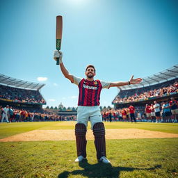 An exciting sports moment where Lionel Messi stands in a cricket field holding his bat like a trophy, radiating confidence