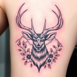 A highly detailed and artistic tattoo design showcasing a majestic deer head with intricate antlers
