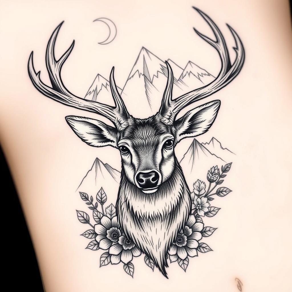 A highly detailed and artistic tattoo design showcasing a majestic deer head with intricate antlers