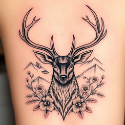 A highly detailed and artistic tattoo design showcasing a majestic deer head with intricate antlers