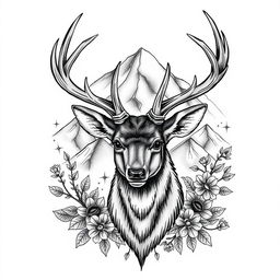 A highly detailed and artistic tattoo design showcasing a majestic deer head with intricate antlers