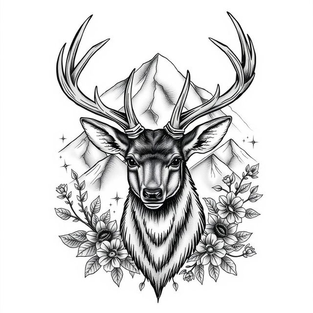 A highly detailed and artistic tattoo design showcasing a majestic deer head with intricate antlers