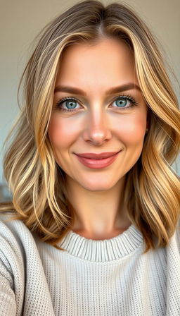 A portrait of a natural and confident woman aged 30-35, showcasing symmetrical facial features, fair skin, and defined cheekbones
