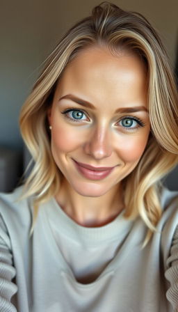 A portrait of a natural and confident woman aged 30-35, showcasing symmetrical facial features, fair skin, and defined cheekbones