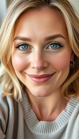 A portrait of a natural and confident woman aged 30-35, showcasing symmetrical facial features, fair skin, and defined cheekbones