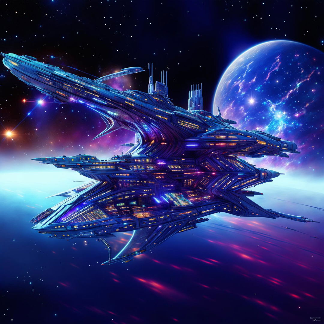 A high-definition digital art image of a large starship gliding through a galaxy, with a colorful supernova illuminating the scene in the background