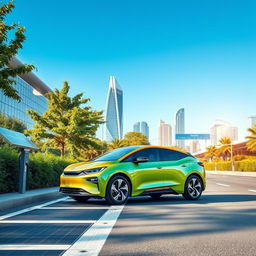 A stunning scene showcasing a modern electric vehicle parked alongside a futuristic urban roadway