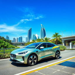 A stunning scene showcasing a modern electric vehicle parked alongside a futuristic urban roadway