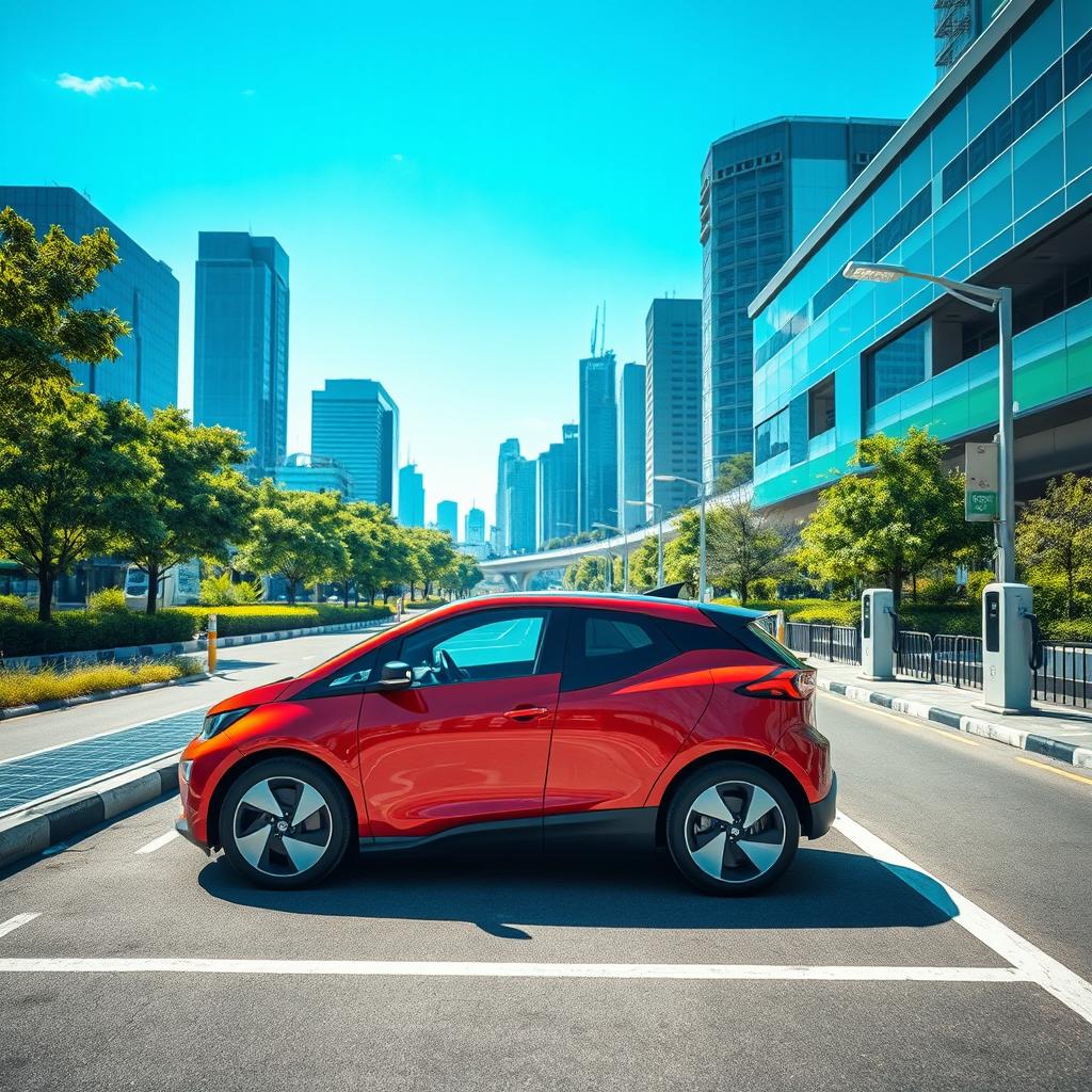 A stunning scene showcasing a modern electric vehicle parked alongside a futuristic urban roadway