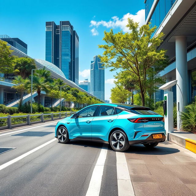 A stunning scene showcasing a modern electric vehicle parked alongside a futuristic urban roadway