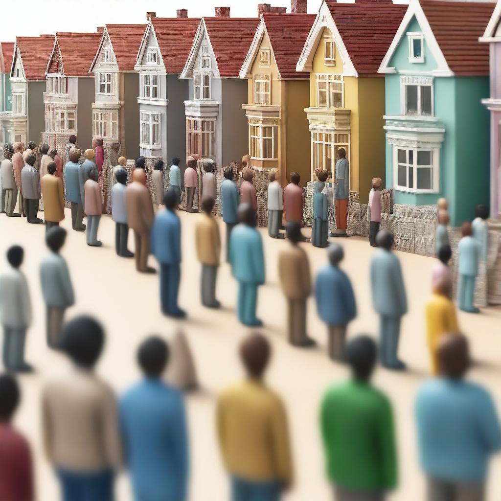 A high-quality digital art image depicts a line of diverse people waiting patiently