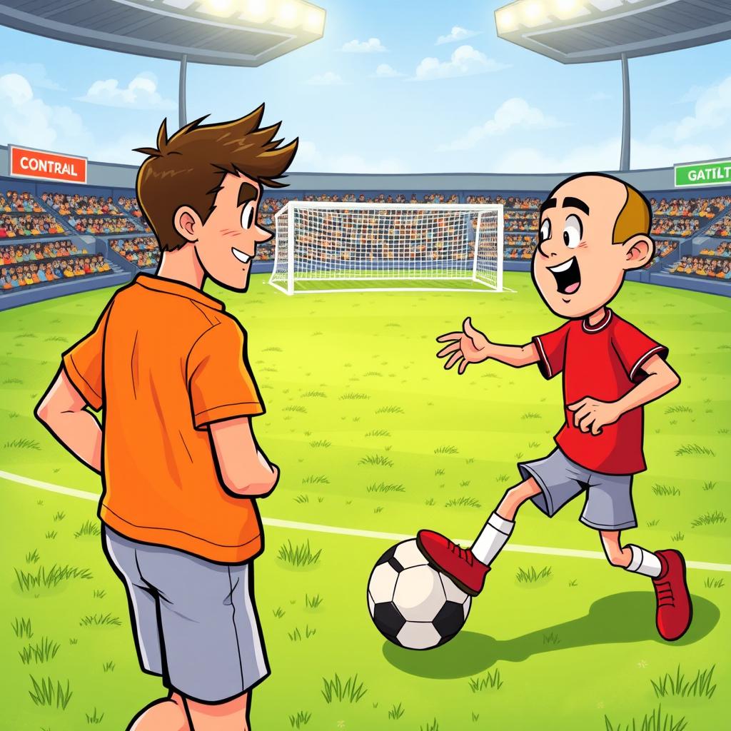 A vibrant comic book illustration featuring a character wearing an orange shirt and another character known as Nutmeg, depicted in a red shirt