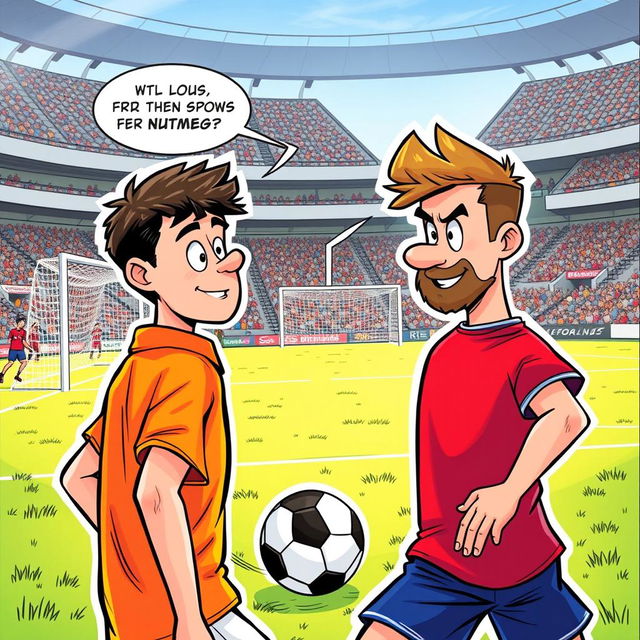 A vibrant comic book illustration featuring a character wearing an orange shirt and another character known as Nutmeg, depicted in a red shirt