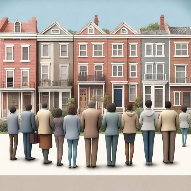 A high-quality digital art image depicts a line of diverse people waiting patiently