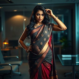 A dramatic and sensual scene set in an office environment where a beautifully dressed woman in a traditional saree is striking a confident pose