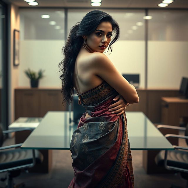 A dramatic and sensual scene set in an office environment where a beautifully dressed woman in a traditional saree is striking a confident pose