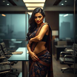 A dramatic and sensual scene set in an office environment where a beautifully dressed woman in a traditional saree is striking a confident pose