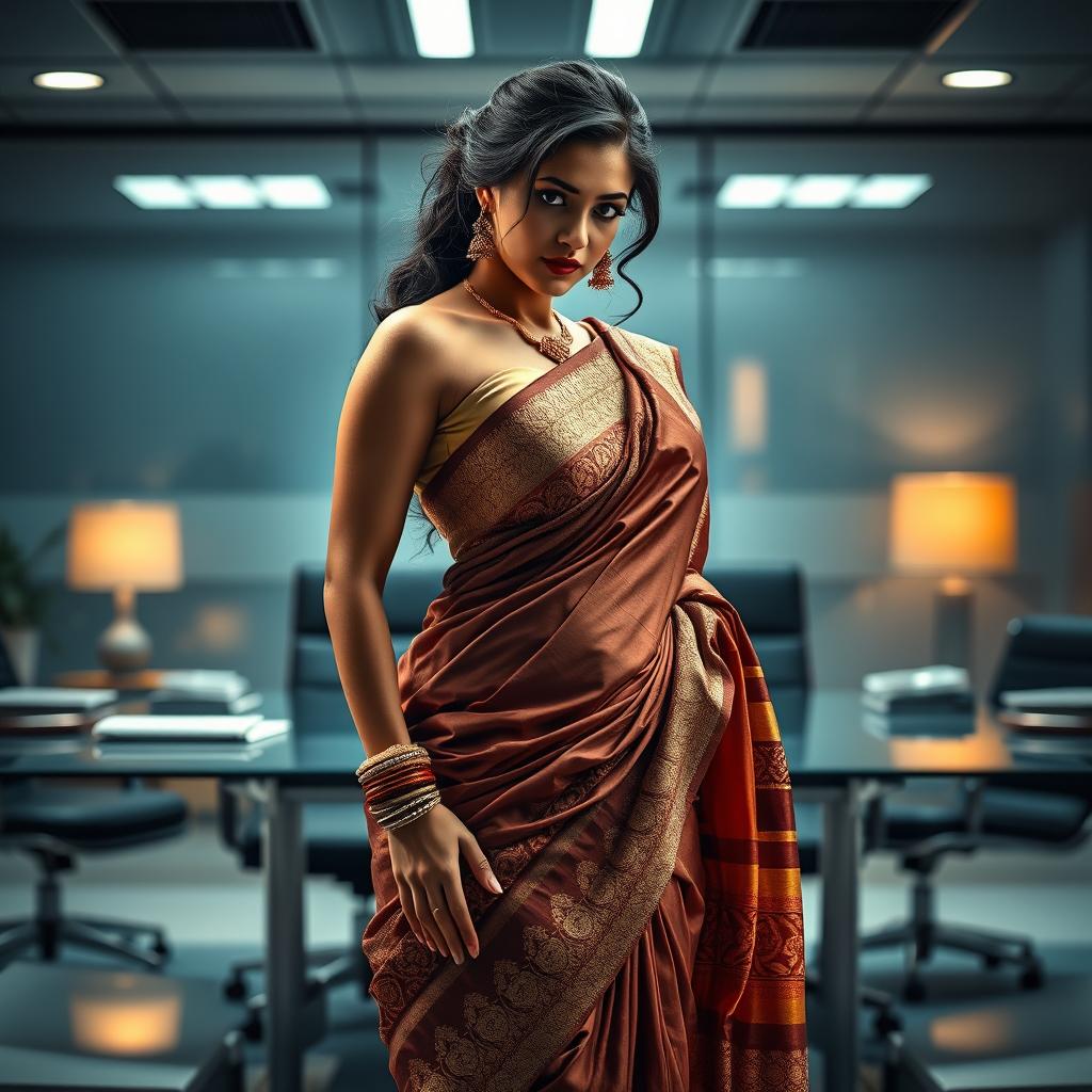 A dramatic and sensual scene set in an office environment where a beautifully dressed woman in a traditional saree is striking a confident pose