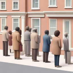 A high-quality digital art image depicts a line of diverse people waiting patiently